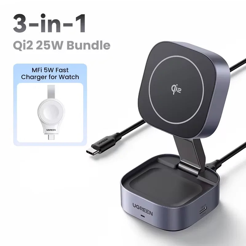 UGREEN Qi2 25W Magnetic Wireless Charger Stand 2-in-1 Charging Stand For iPhone 15 16 Pro Max/AirPods For MagSafe Fast Charger