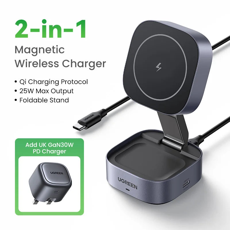 UGREEN Qi2 25W Magnetic Wireless Charger Stand 2-in-1 Charging Stand For iPhone 15 16 Pro Max/AirPods For MagSafe Fast Charger