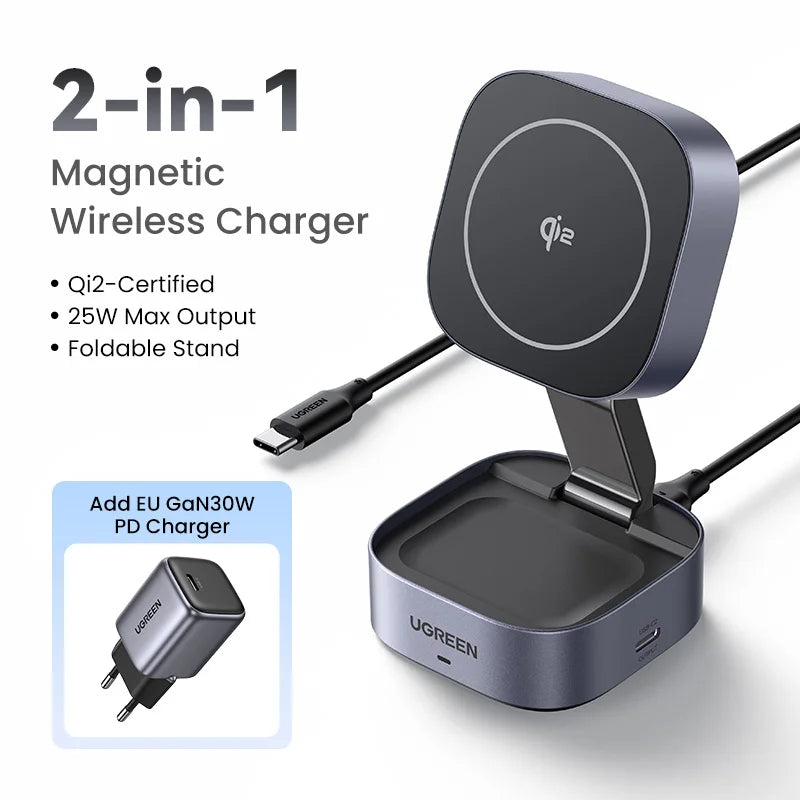 UGREEN Qi2 25W Magnetic Wireless Charger Stand 2-in-1 Charging Stand For iPhone 15 16 Pro Max/AirPods For MagSafe Fast Charger